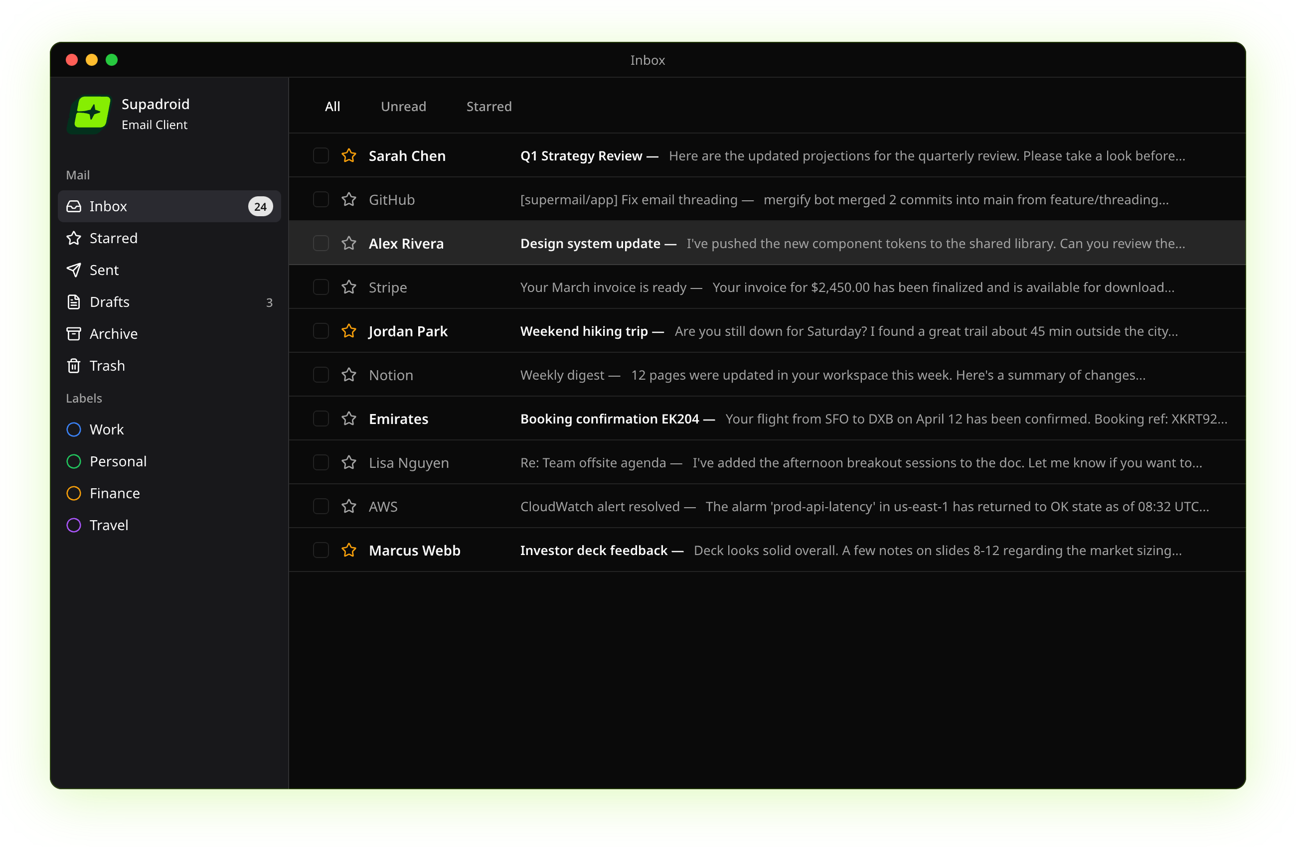 Supadroid email client showing inbox with fast local search